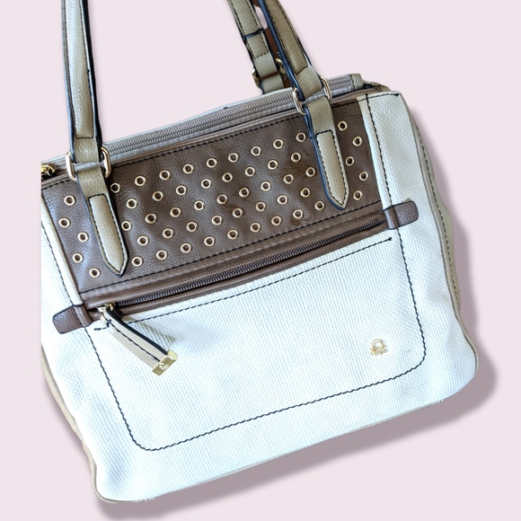 Benetton classic linen style vegan leather hand bag cream and brown medium 14" - Picture 10 of 10